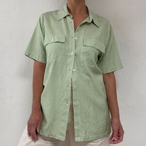 1990s Green & Ivory 100% Silk Pinstriped Short Sleeve Button Down